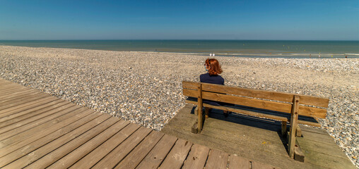 Banc solitaire sur la plage de Cayeux-sur-Mer, Somme, France