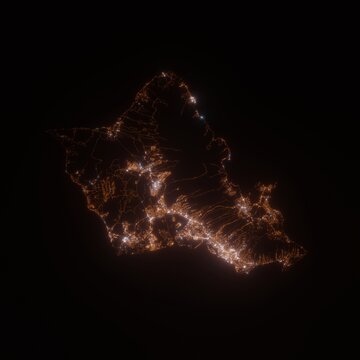 Oahu (Hawaii, USA) street lights map. Satellite view on island at night. Imitation of aerial view on roads network. 3d render
