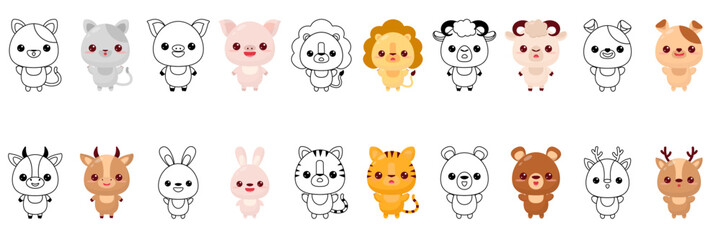 Set cartoon animals in hand drawn style on white background. Hand drawn illustration. Cartoon vector illustration. Cute symbol. Funny vector illustration. Funny cartoon character
