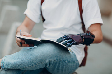 Young disabled man writes in notebook with pen in artificial prosthetic hand at city street outdoors