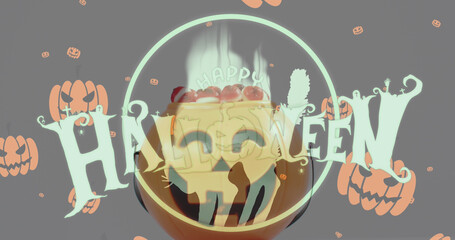 Happy halloween text and pumpkin icons falling against halloween candies in a pumpkin shaped bucket