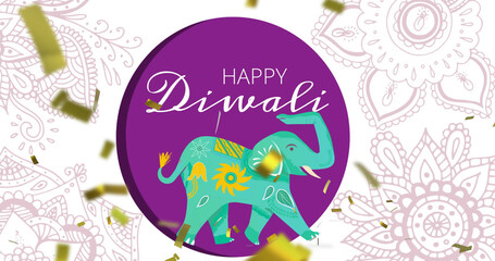 Image of happy diwali over golden confetti and circle with elephant on white background