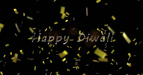 Image of confetti and happy diwali over black background