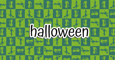 Image of halloween over green cat and witch texture in background