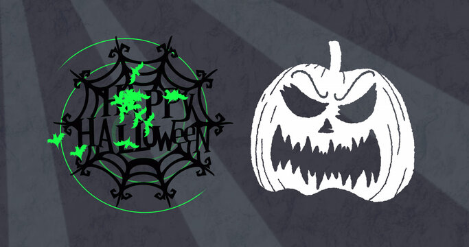 Image of happy halloween text in black spider web with pumpkin head and green bats, on grey