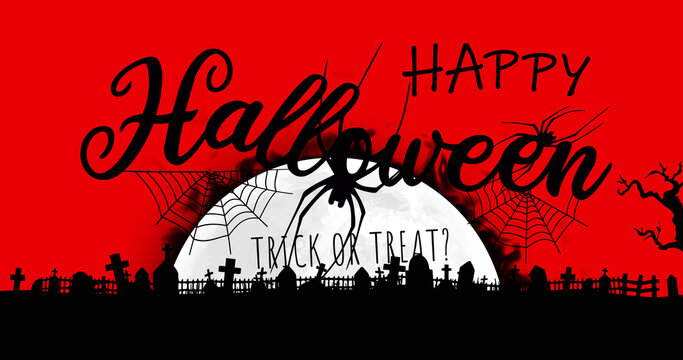 Image of happy halloween trick or treat with spider, cemetery on red background