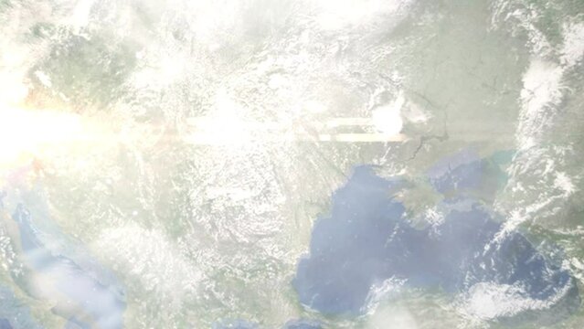 Earth zoom in from outer space to city. Zooming on Vaslui, Romania. The animation continues by zoom out through clouds and atmosphere into space. Images from NASA