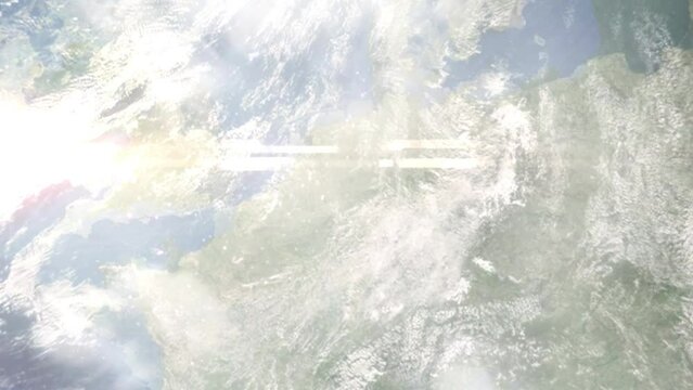 Earth zoom in from outer space to city. Zooming on Velbert, Germany. The animation continues by zoom out through clouds and atmosphere into space. Images from NASA