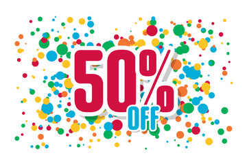 Red inscription discount 50 off on the background of confetti. Price labele sale promotion market. clearance template