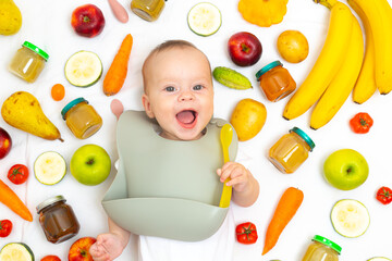Puree for baby food with vegetables and fruits. Selective focus. nutrition. The first complementary feeding of the child.