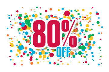 Red inscription discount 80 off on the background of confetti. Price labele sale promotion market. template shop