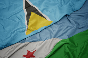 waving colorful flag of djibouti and national flag of saint lucia.