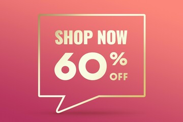 Image 60 of a discount as a message on a pink background. Price labele sale promotion market. shop