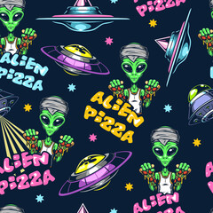 Alien pizza colorful seamless pattern