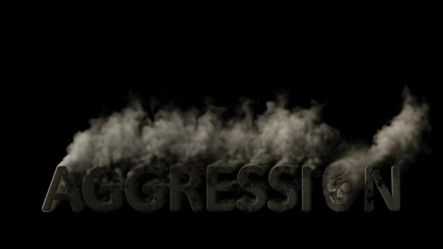 Text aggression with skull smoking on black background, isolated - loop video