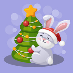 rabbit near the Christmas tree, symbol of the year
