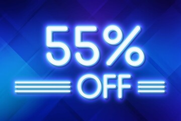 White neon inscriptions off 55 of discounts on a blue art background Price labele sale promotion market. special shop
