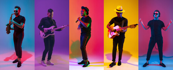 Portraits of pop and rock musicians with musical tools isolated on multicolored background in neon light.