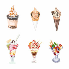 Watercolor set of ice cream. Hand-drawn illustration isolated on white background.