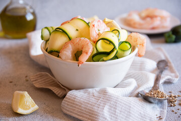 Fresh zucchini with shrimps, healthy and delicious food