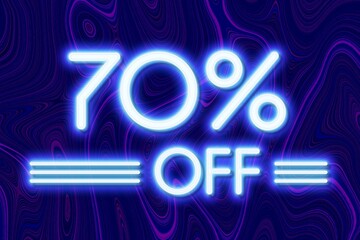 White neon inscriptions off 70 of discounts on a blue art background Price labele sale promotion market. banner purchase