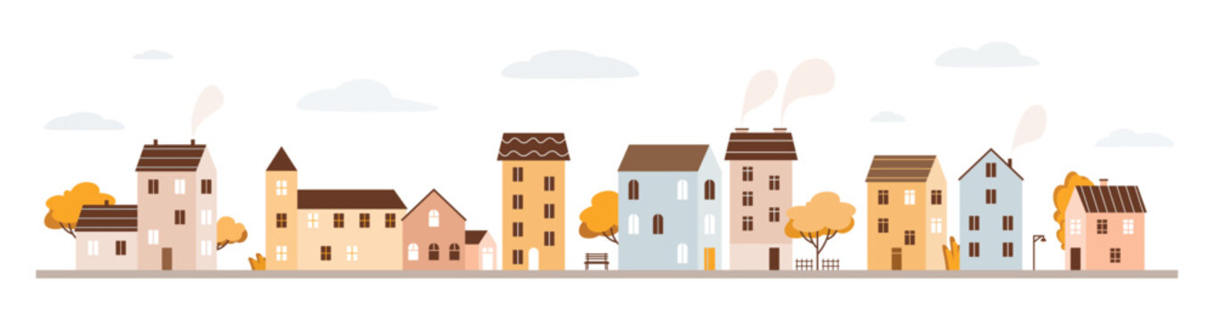 Cute autumn town. House with chimney and smoke. Architecture of city street. Exterior facade of residential building. Cozy urban landscape. Flat vector illustration isolated on white background.
