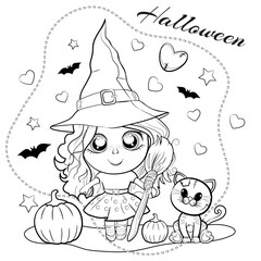 Cute coloring page for Halloween with a girl in a witch hat, with a broom in her hand, with pumpkins and a cat. Outline vector illustration.