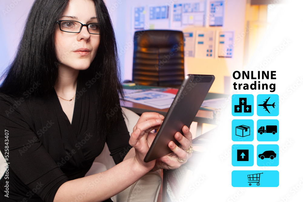 Poster process of creating an online store.designer is working on apps for online trading. woman is doing i