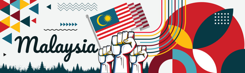 Naklejka premium Malaysia National day or Hari Merdeka banner with retro abstract geometric shapes. Malaysian flag. Red blue scheme with raised hands or fists. Kuala Lumpur. Vector Illustration. 