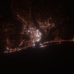 Pensacola (Florida, USA) street lights map. Satellite view on modern city at night. Imitation of aerial view on roads network. 3d render