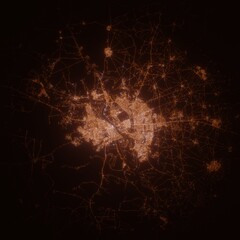 Mosul (Iraq) street lights map. Satellite view on modern city at night. Imitation of aerial view on roads network. 3d render