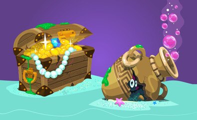 Cartoon fantasy underwater set illustration gold pirates treasure. Kids aquarium decoration elements