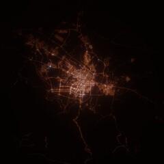 Ashgabat (Turkmenistan) street lights map. Satellite view on modern city at night. Imitation of aerial view on roads network. 3d render
