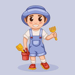 A boy with a spatula and a bucket for the sandbox