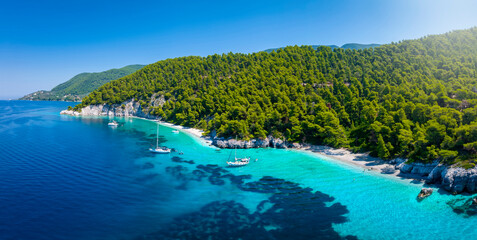 Panoramic aerial view of the beautiful paradise beaches with emerald sea and Pine Trees at Skopelos...