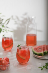 Watermelon cocktail with lemon and mint. Refreshing lemonade close up