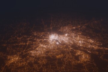 Aerial shot of Little Rock (Arkansas, USA) at night, view from north. Imitation of satellite view on modern city with street lights and glow effect. 3d render