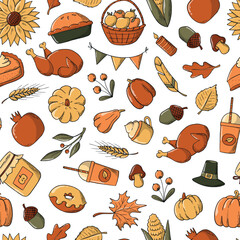 Thanksgiving seamless pattern with hand drawn doodles for wrapping paper, scrapbooking, textile prints, wallpaper, package, etc. EPS 10