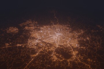 Aerial shot on Curitiba (Brazil) at night, view from east. Imitation of satellite view on modern city with street lights and glow effect. 3d render