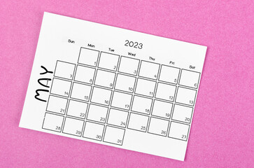 The May 2023 Monthly calendar for 2023 year on pink background.