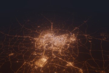 Aerial shot of Ahmedabad (India) at night, view from north. Imitation of satellite view on modern city with street lights and glow effect. 3d render