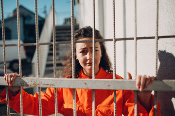 Young brunette curly woman in orange suit behind cage. Female in colorful overalls portrait