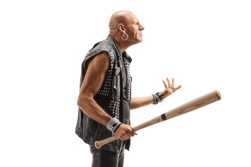 Profile shot of a bald man with a bat having a quarrel