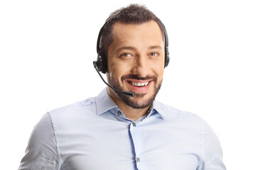 Smiling man wearing a headset with hands free microphone