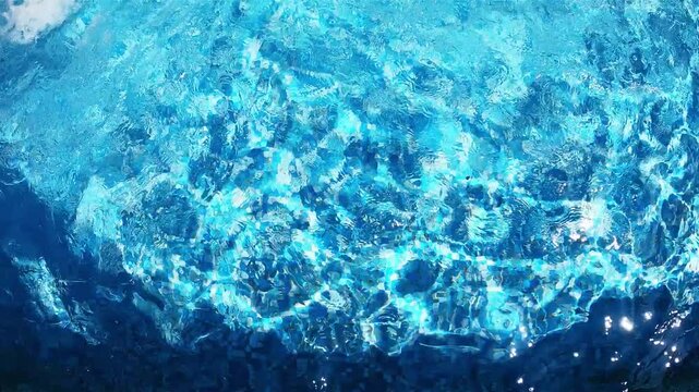 Russia, Sochi. 28.05.2022. Brilliant blue water ripples. Sparkling ripples of clear water in a blue pool. The foaming water of an outdoor jacuzzi. Fragment of a street fountain