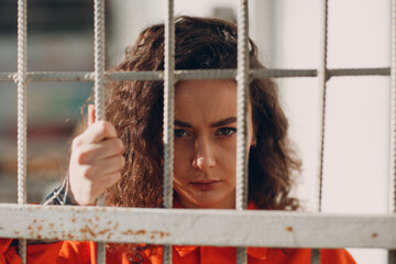 Young brunette curly woman in orange suit behind jail bars. Female in colorful overalls portrait