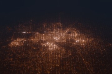 Aerial shot on Oklahoma City (Oklahoma, USA) at night, view from east. Imitation of satellite view on modern city with street lights and glow effect. 3d render - obrazy, fototapety, plakaty