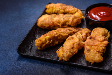 Fried crispy chicken nuggets with ketchup on black plate on a dark background