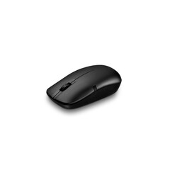 Three quarter view of simple black wireless computer mouse, isolated on white