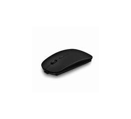 Three quarter view of simple slim black wireless computer mouse, isolated on white